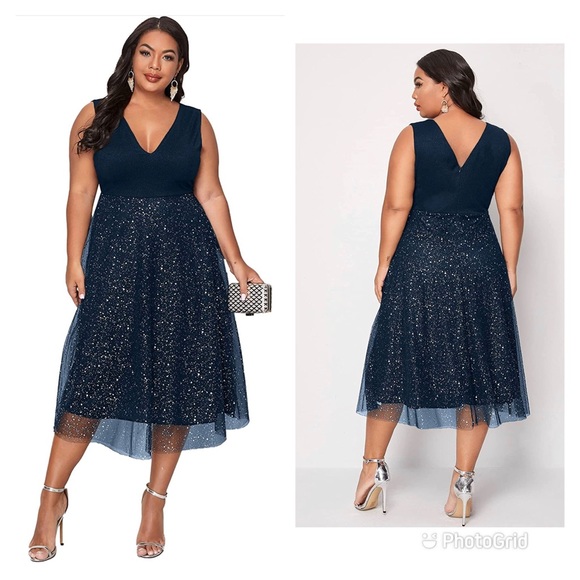 NWT Floerens Women’s Plus V Neck, Sleeveless Navy Blue Evening Midi Dress Sz 4x - Picture 2 of 6